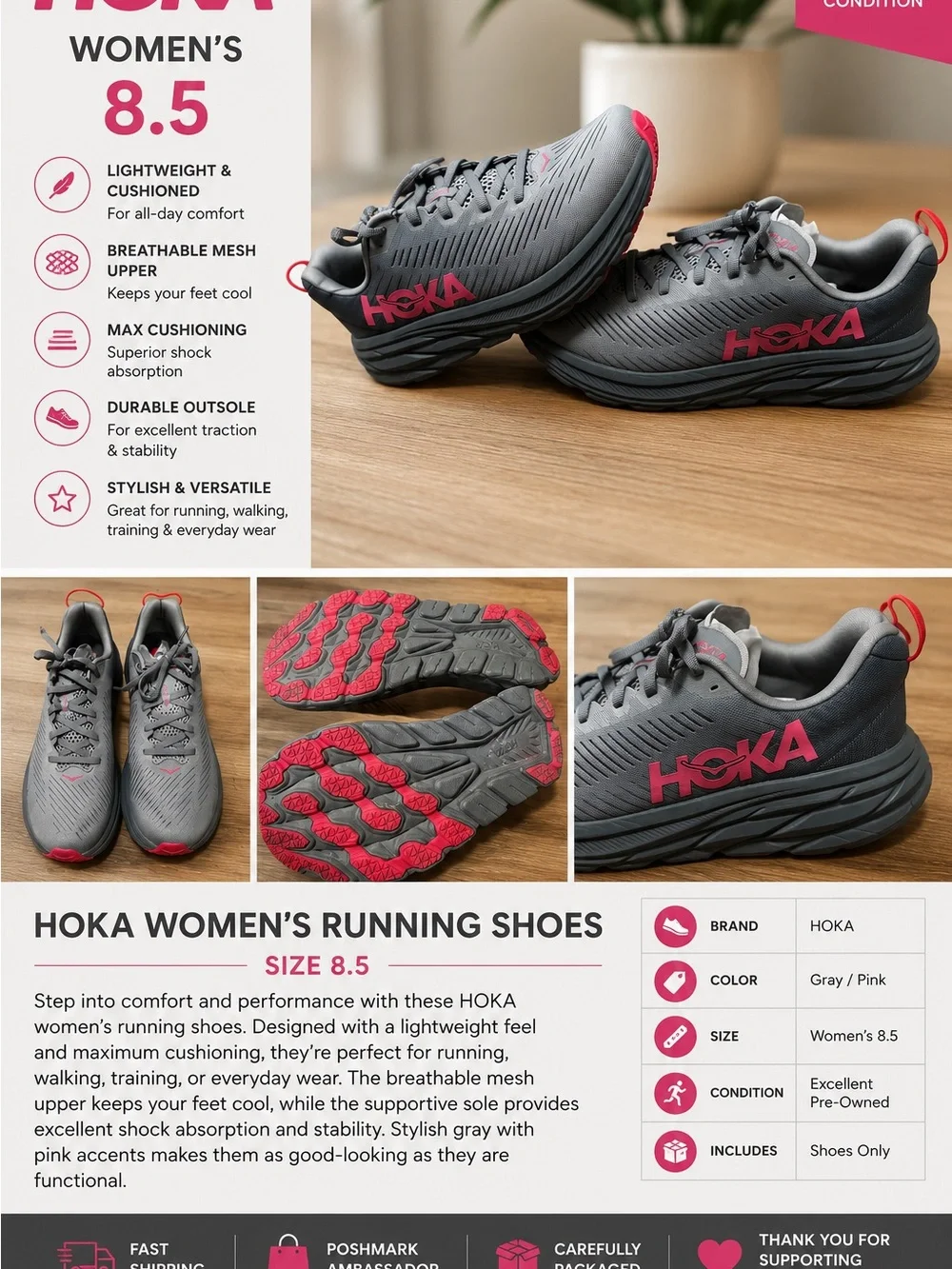 HOKA Women's Running Shoes - Gray/Pink women’s 8.5